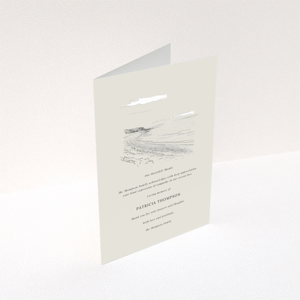Funeral thank you card design with beach illustration and empty spaces for personalised text in memory of a loved one