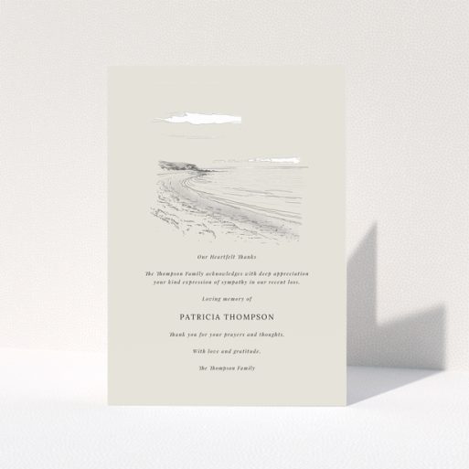 Funeral thank you card design with beach illustration and empty spaces for personalised text in memory of a loved one