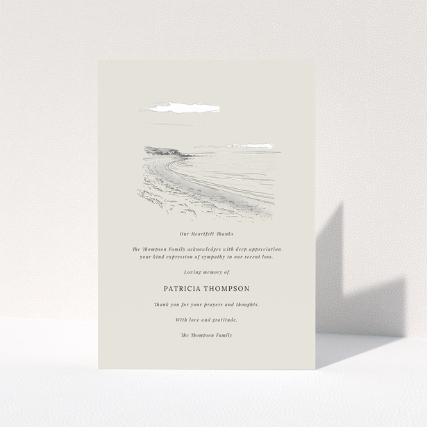 Funeral thank you card design with beach illustration and empty spaces for personalised text in memory of a loved one