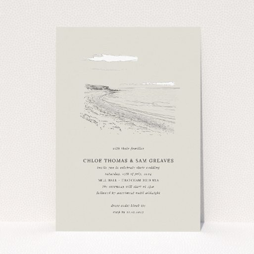 Seaside Sketch wedding invitation with serene coastline sketch. This is a view of the front