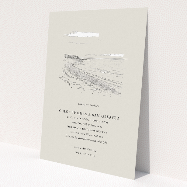 Seaside Sketch wedding invitation with serene coastline sketch. This image shows the front and back sides together