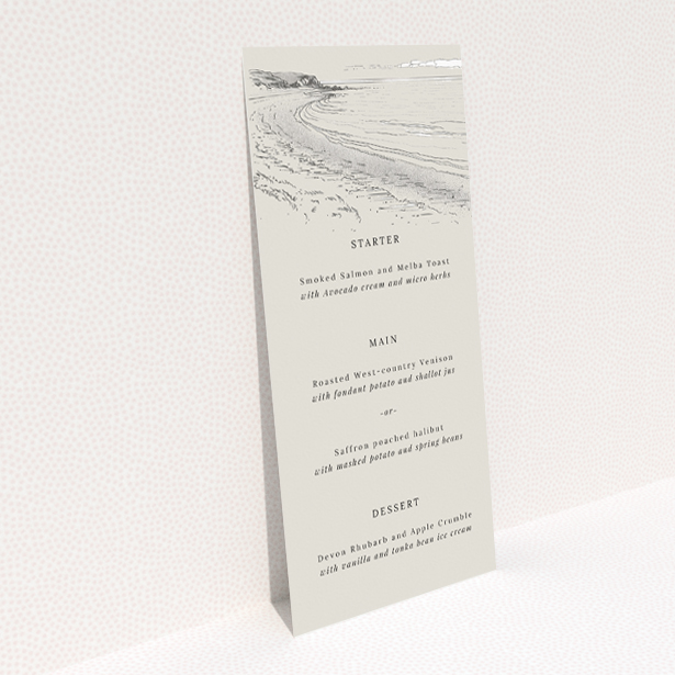 Seaside Sketch wedding menu template featuring serene coastal beauty, perfect for couples seeking calm and sophistication in their wedding stationery This is a view of the back