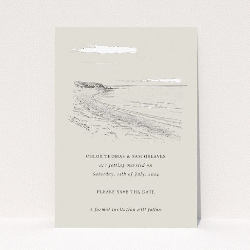 Seaside Sketch wedding save the date card A6 featuring a detailed sketch of a serene beach scene in soft grey tones, evoking the tranquil atmosphere of seaside landscapes for a romantic coastal wedding This is a view of the front