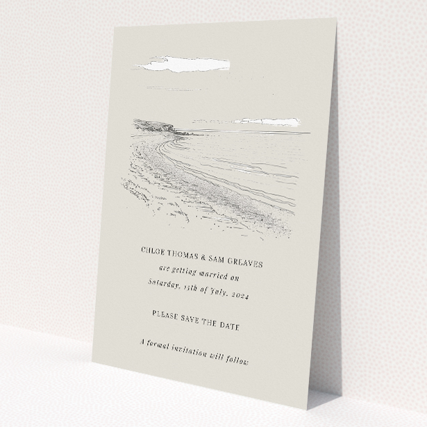 Seaside Sketch wedding save the date card A6 featuring a detailed sketch of a serene beach scene in soft grey tones, evoking the tranquil atmosphere of seaside landscapes for a romantic coastal wedding This is a view of the front