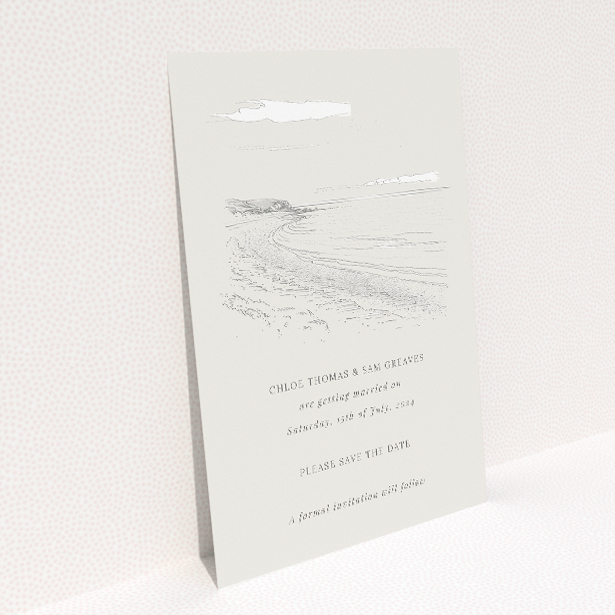 Seaside Sketch wedding save the date card A6 featuring a detailed sketch of a serene beach scene in soft grey tones, evoking the tranquil atmosphere of seaside landscapes for a romantic coastal wedding This is a view of the back