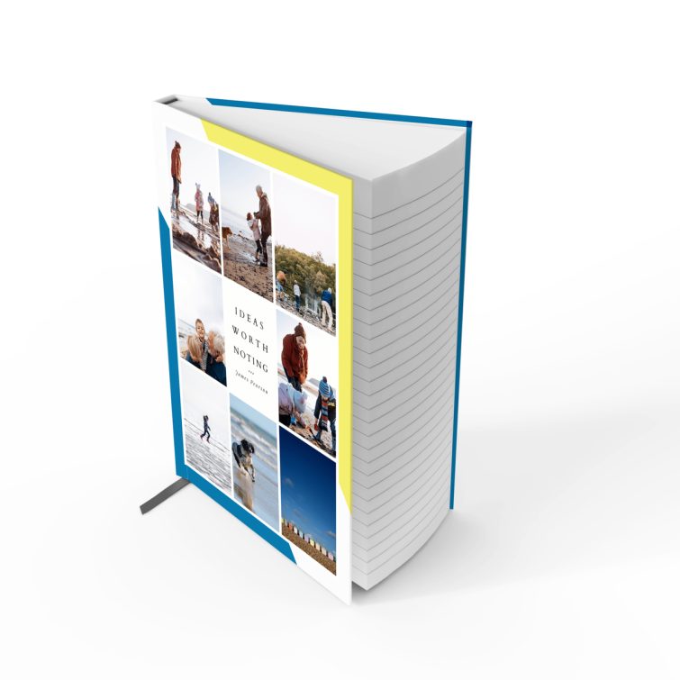 Colourful portrait notebook design with blue and yellow accents, featuring eight photos on the front cover from Utterly Printable.