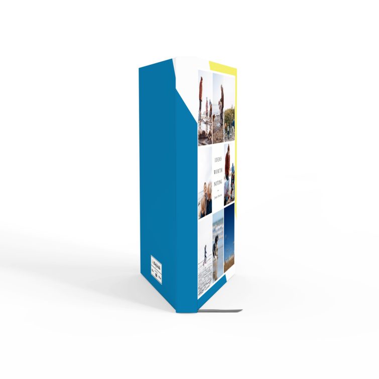 Colourful portrait notebook design with blue and yellow accents, featuring eight photos on the front cover from Utterly Printable.