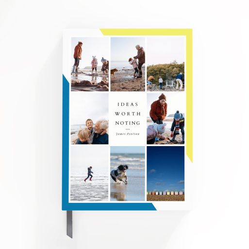 Colourful portrait notebook design with blue and yellow accents, featuring eight photos on the front cover from Utterly Printable.