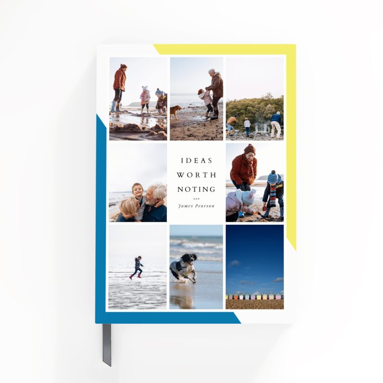 Colourful portrait notebook design with blue and yellow accents, featuring eight photos on the front cover from Utterly Printable.