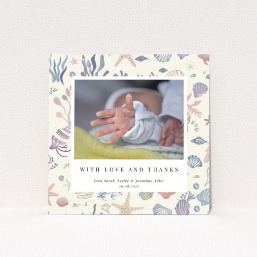 Baby thank you card with sea-themed design and one photo of a newborn's hand.