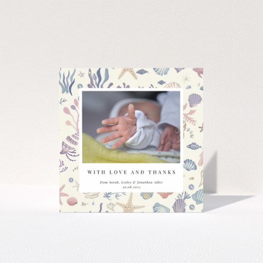 Baby thank you card with sea-themed design and one photo of a newborn's hand.