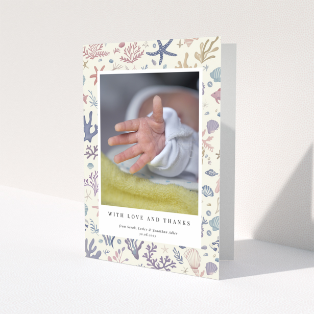Baby thank you card with sea-themed design and one photo of a newborn's hand.