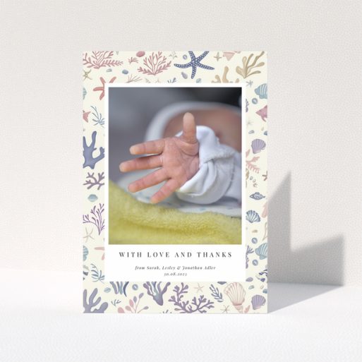 Baby thank you card with sea-themed design and one photo of a newborn's hand.