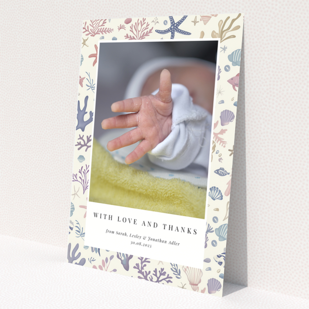 Baby thank you card with sea-themed design and one photo of a newborn's hand.