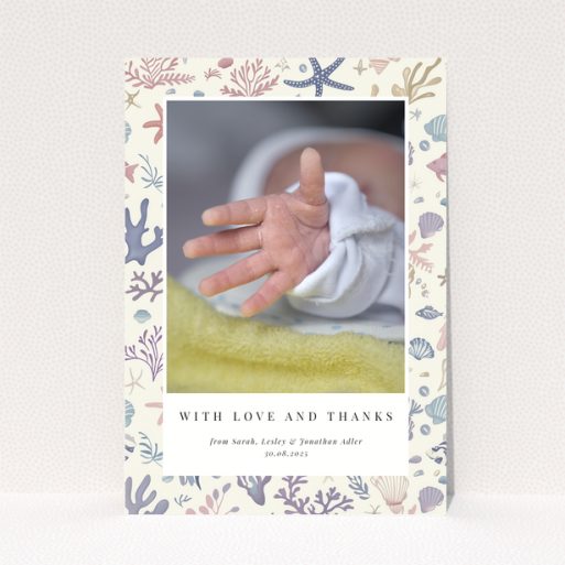 Baby thank you card with sea-themed design and one photo of a newborn's hand.