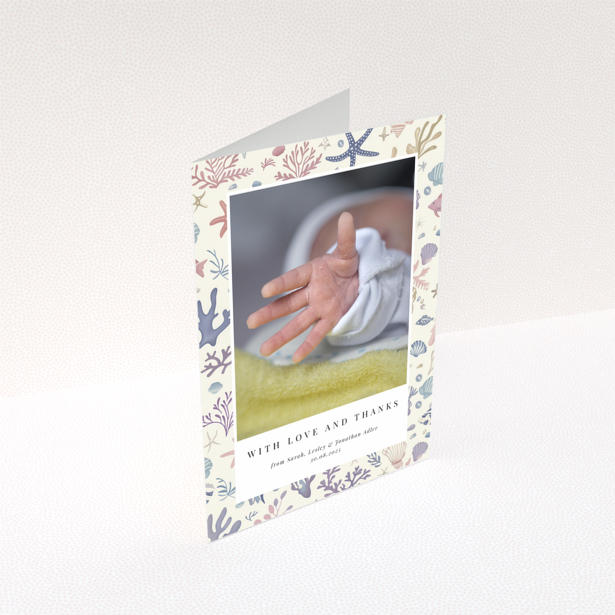 Baby thank you card with sea-themed design and one photo of a newborn's hand.