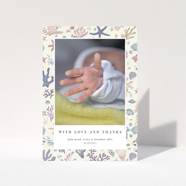 Baby thank you card with sea-themed design and one photo of a newborn's hand.