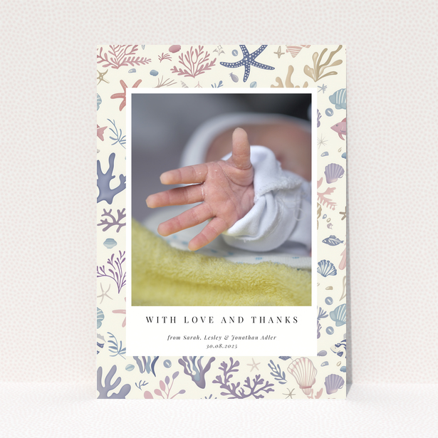 Baby thank you card with sea-themed design and one photo of a newborn's hand.