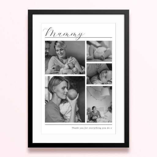 Framed and mounted photo print with five black and white family photos