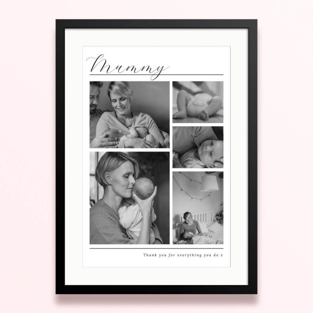 Framed and mounted photo print with five black and white family photos
