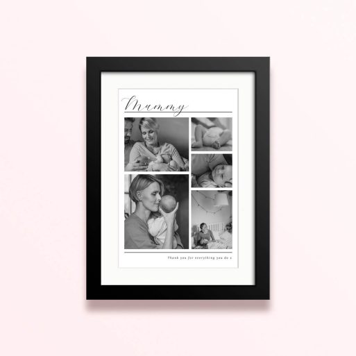 Framed and mounted photo print with five black and white family photos