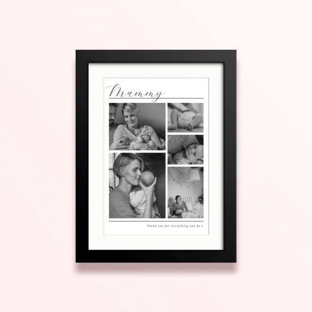 Framed and mounted photo print with five black and white family photos