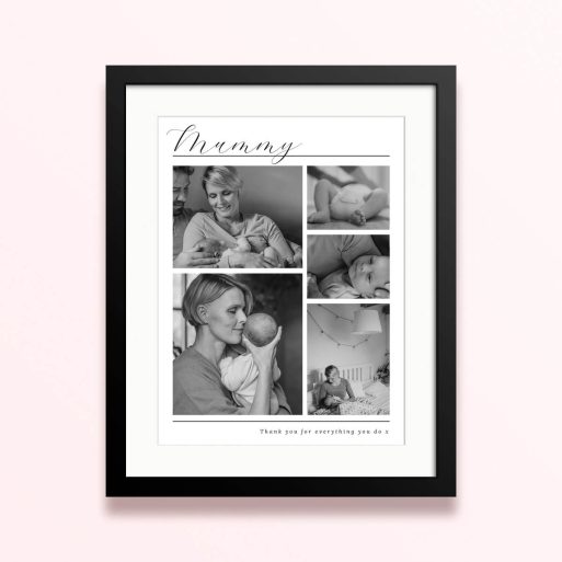 Framed and mounted photo print with five black and white family photos