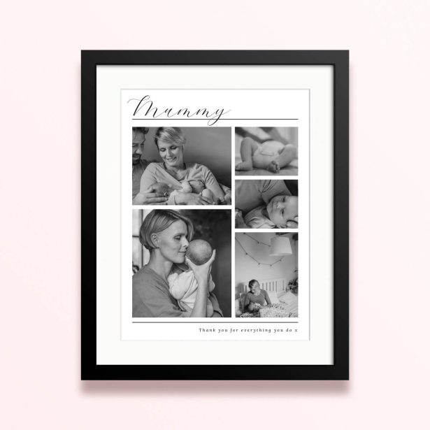 Framed and mounted photo print with five black and white family photos