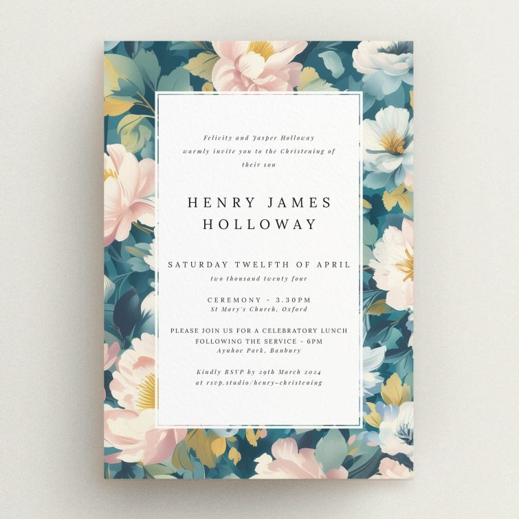Floral christening invitation design with no photos, featuring elegant typography and colourful flowers.