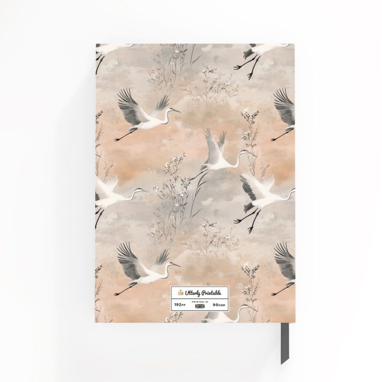 Floral crane design notebooks with elegant pattern for personalised gifts by Utterly Printable, featuring no photos