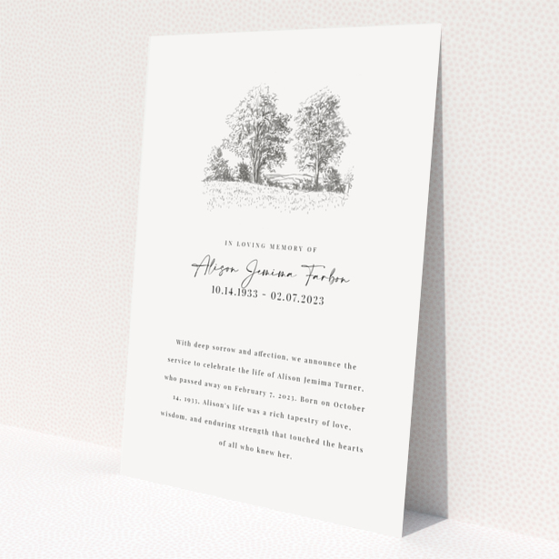 Funeral announcement design with landscape illustration and personalized text