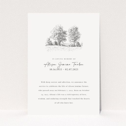 Funeral announcement design with landscape illustration and personalized text