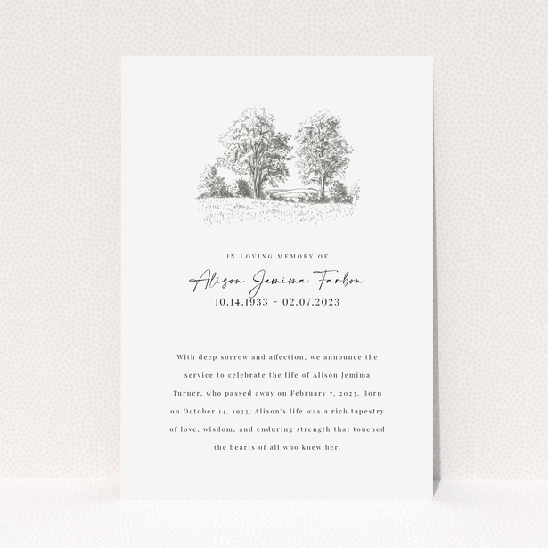 Funeral announcement design with landscape illustration and personalized text