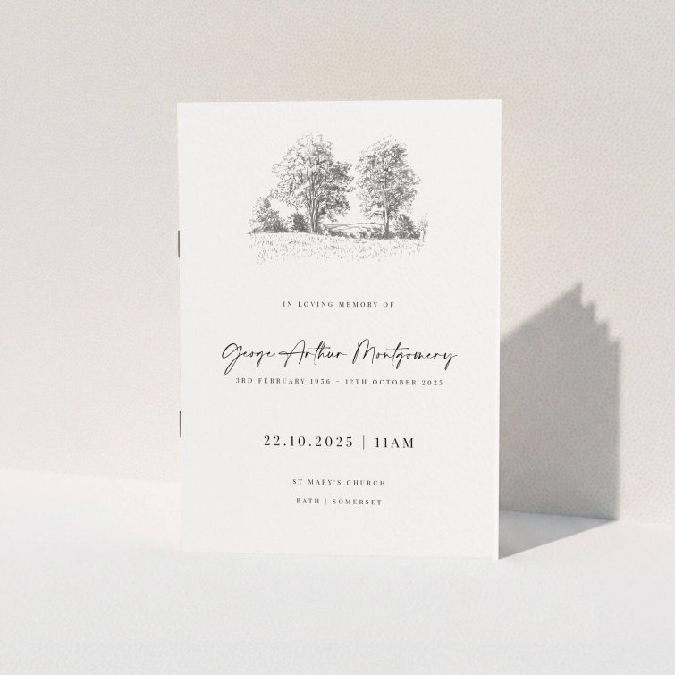 Funeral order of service program design with one illustrated tree image.