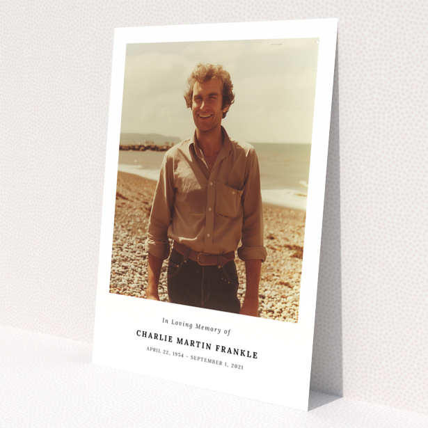 Funeral announcement design with one photo of a person on the beach