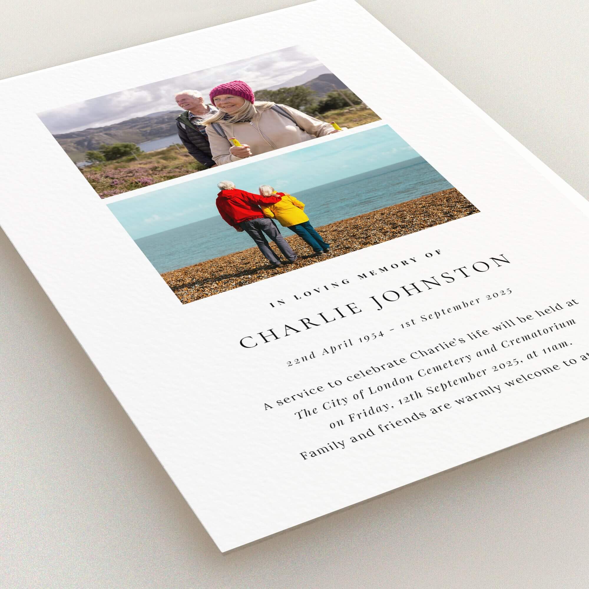 Funeral announcement card design with two photos for memorial service invitation.