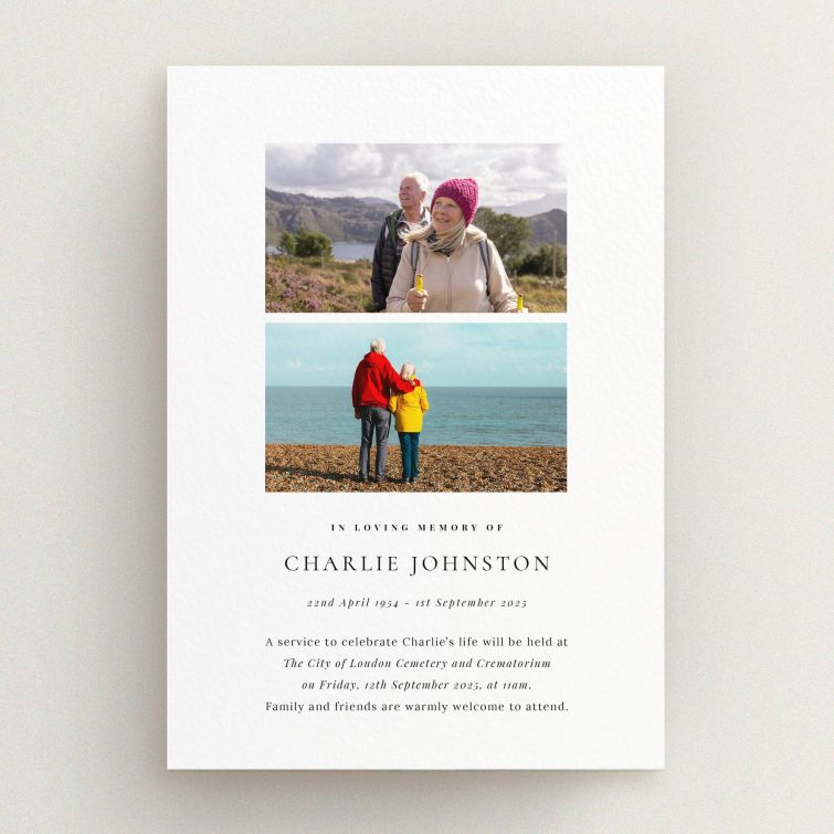 Funeral announcement card design with two photos for memorial service invitation.