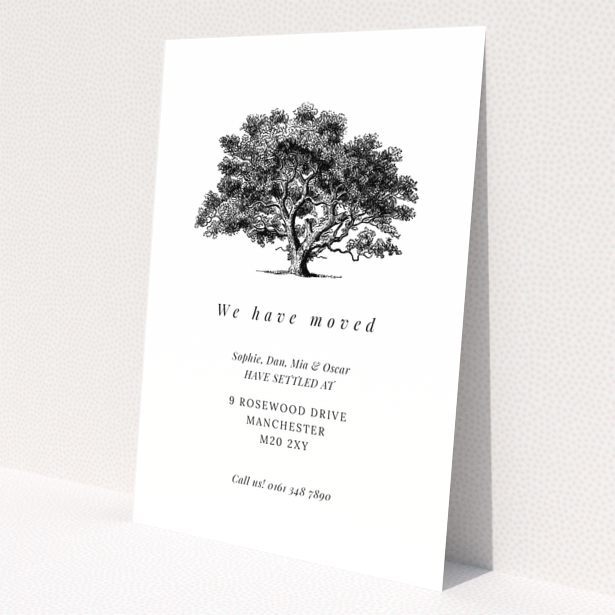 Black and white change of address card design with one illustration of a tree.