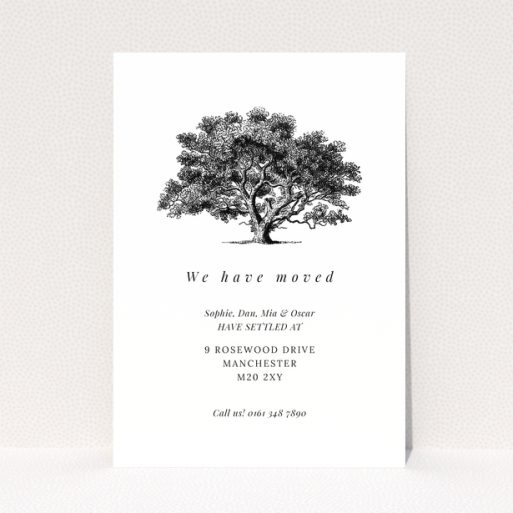 Black and white change of address card design with one illustration of a tree.