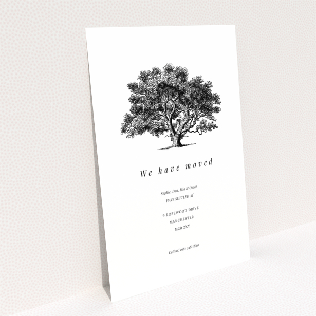 Black and white change of address card design with one illustration of a tree.