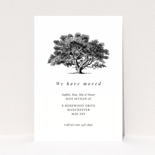 Black and white change of address card design with one illustration of a tree.