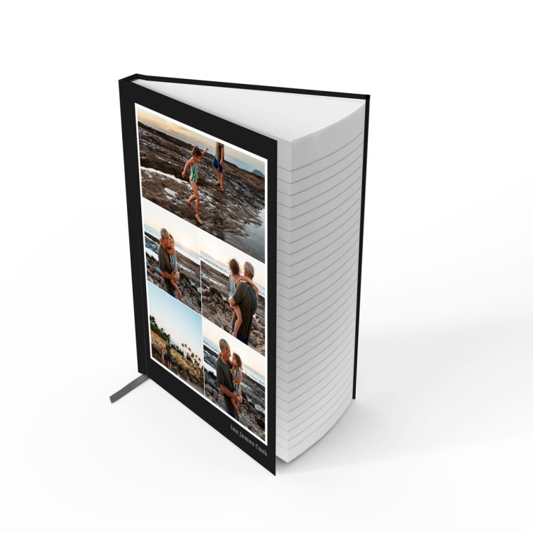 Customisable portrait notebook design with five photos, ideal for personalised printing.