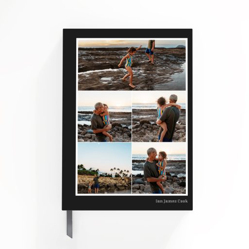 Customisable portrait notebook design with five photos, ideal for personalised printing.