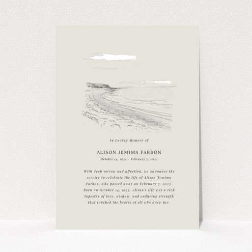 Funeral announcement card design with coastal sketch and memorial text