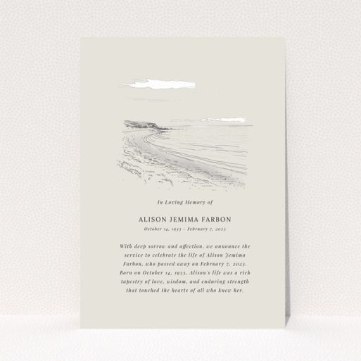 Funeral announcement card design with coastal sketch and memorial text