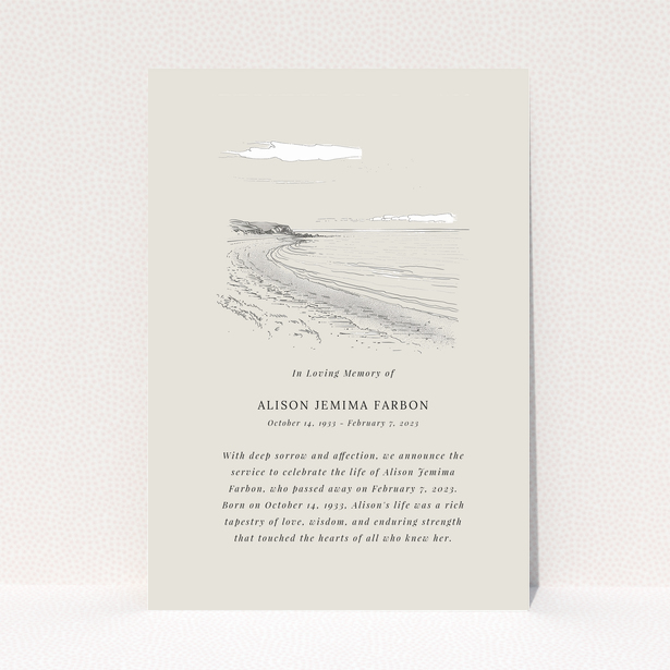 Funeral announcement card design with coastal sketch and memorial text