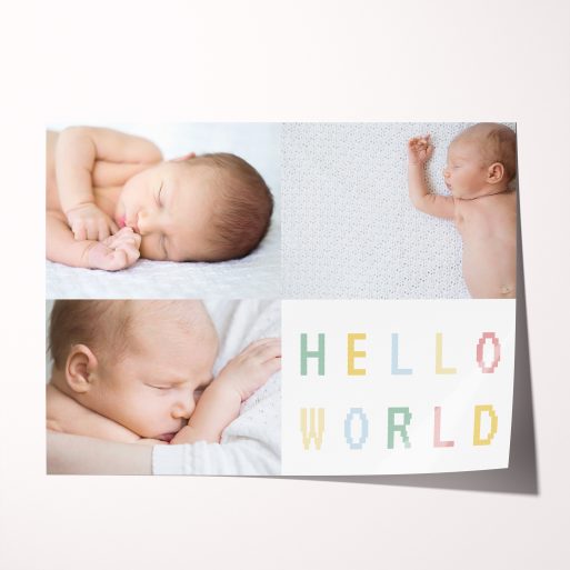 High-Resolution Hello World Corner Silver Halide Poster - Discover elegance with a premium design showcasing three cherished photos. A timeless celebration of special moments for new parents or grandparents from Utterly Printable.