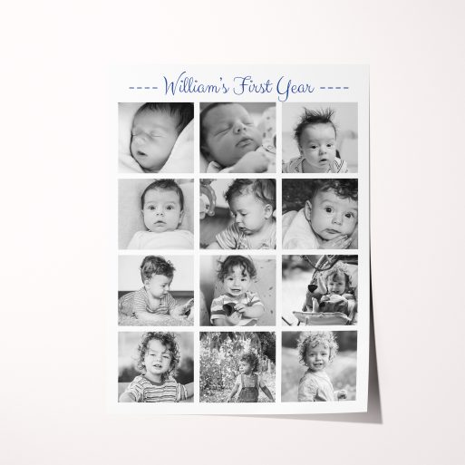 12 Months and Counting Silver Halide Poster - Capture a year of cherished memories with this personalized poster in portrait orientation. Ample space for 10+ precious photos. Relive special moments with unmatched sharpness, preserving the joy and love. The perfect gift for new parents or grandparents, celebrating the past year's journey in a heartfelt and meaningful way.