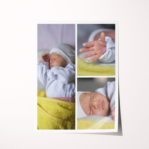 Cherished Child High-Resolution Silver Halide Poster - Introducing our portrait-oriented design that transforms three photos into elegant art pieces. Perfect for enhancing your home or office decor, it's a charming memento ideal for celebrating new parents or grandparents. Display your precious memories in style with this unique and heartfelt keepsake.