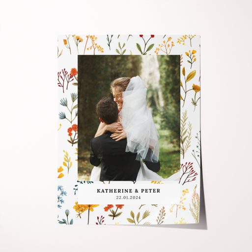 Capture the enchantment with our 'Floral Wedding Waltz' High-Resolution Silver Halide Poster – a portrait-oriented masterpiece preserving the cherished moments of your wedding day.